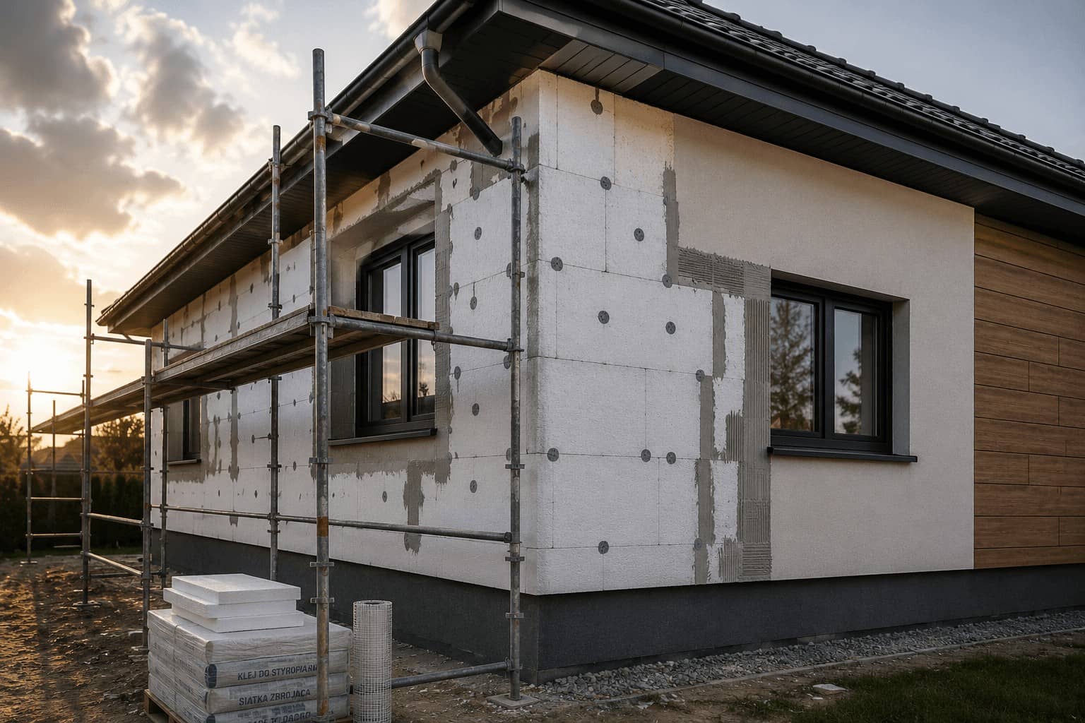 Dom jednorodzinny w trakcie ocieplania: płyty styropianowe na ścianach i rusztowanie
