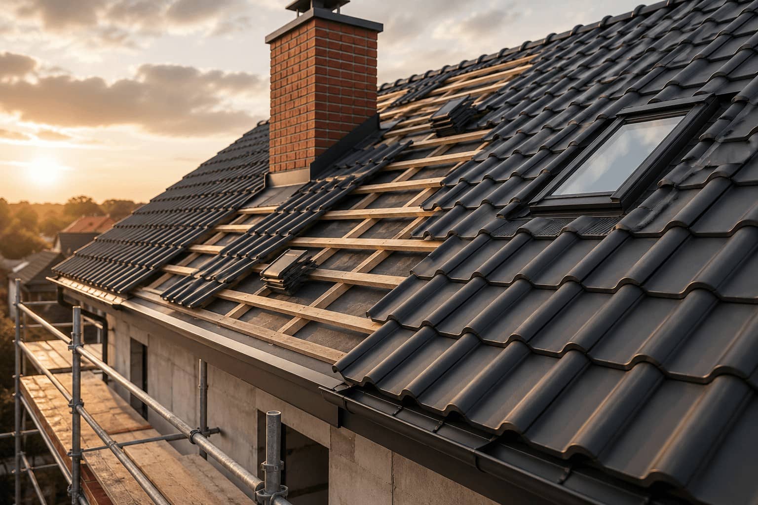 Dach w trakcie prac: łaty, ciemna dachówka ceramiczna i ceglany komin, rusztowanie przy okapie